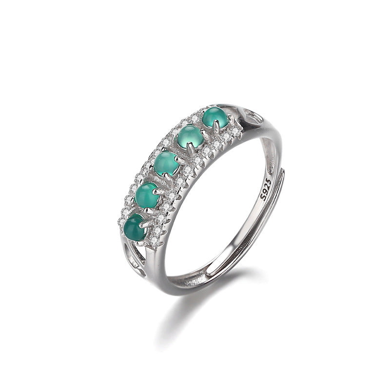 S925Silver Five Green Jade Rings National Trend Row Diamond Emerald Open Ring Exquisite Retro Green Cabochon Handmade Ring
