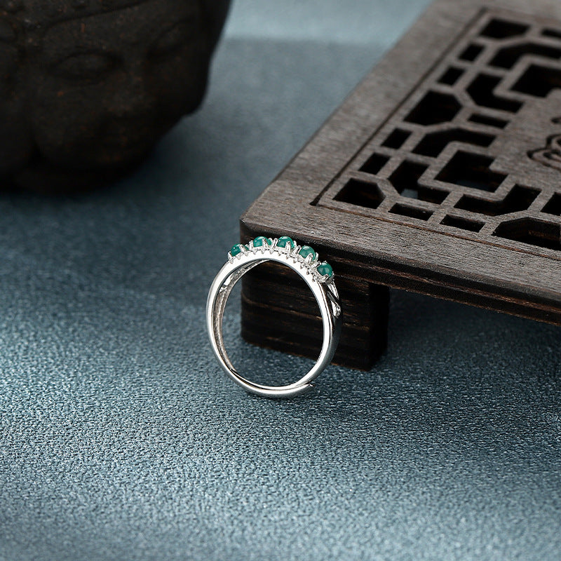 S925Silver Five Green Jade Rings National Trend Row Diamond Emerald Open Ring Exquisite Retro Green Cabochon Handmade Ring