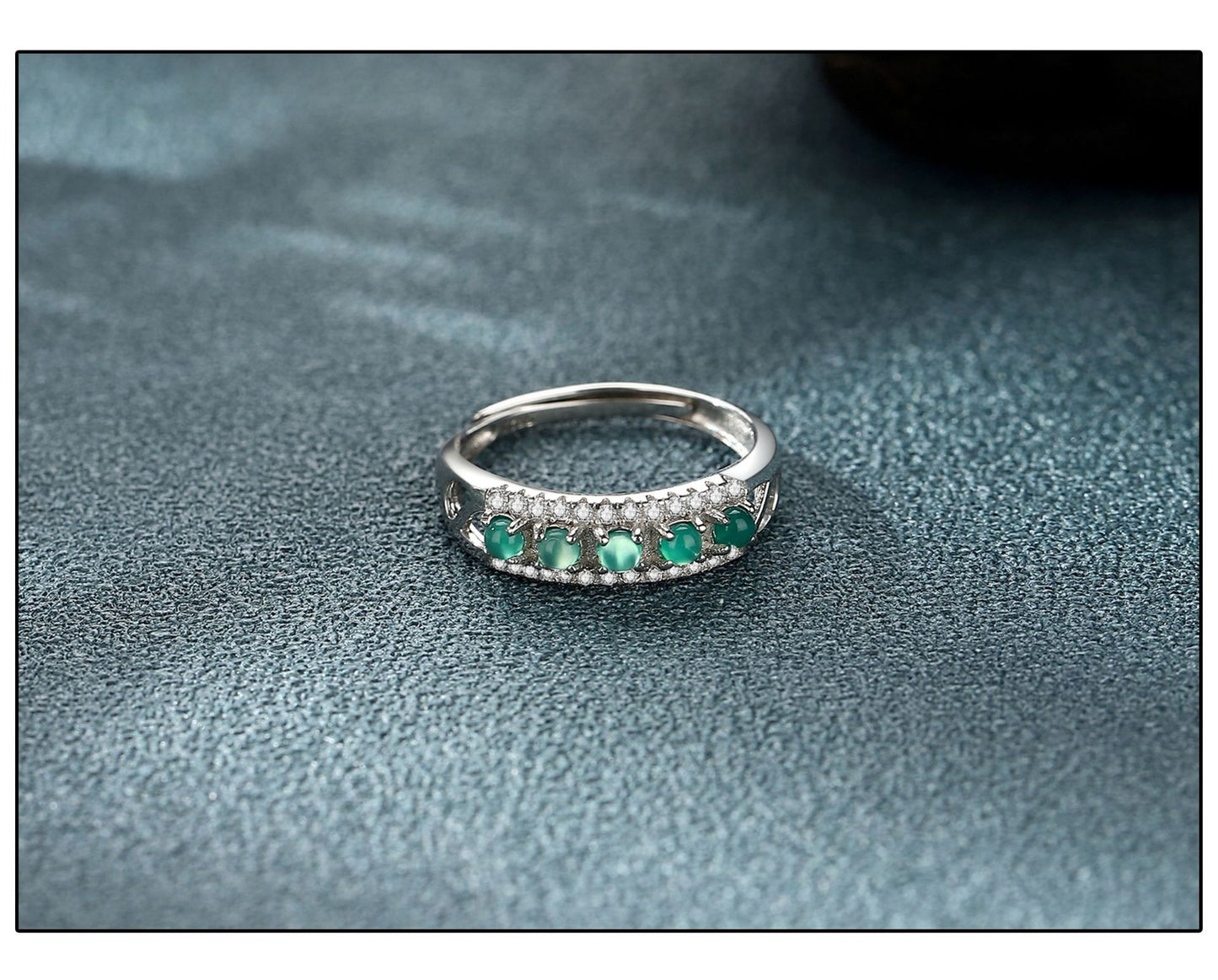 S925Silver Five Green Jade Rings National Trend Row Diamond Emerald Open Ring Exquisite Retro Green Cabochon Handmade Ring