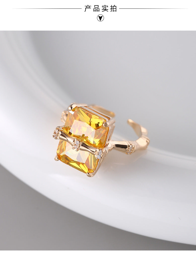 925Sterling Silver Square Citrine Bamboo Zircon Ring for Women Simple Fashion Personality Open Design Ring5905B