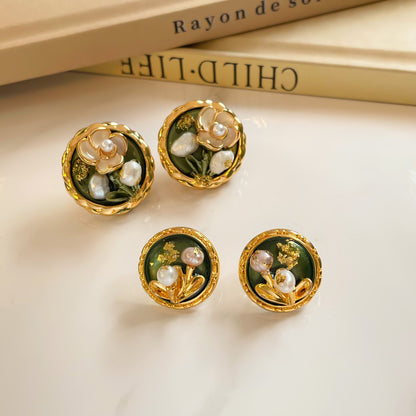 S925Silver Needle Oil Drop Freshwater Pearl Gold Foil Flower Stud Earrings Oil Painting Style Vintage High-end Earrings