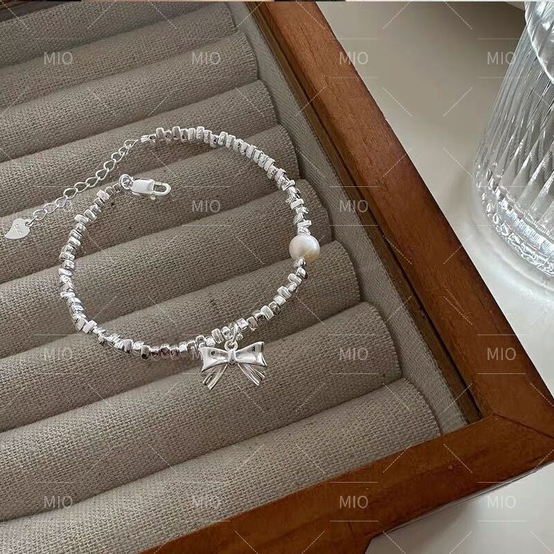 S925 Sterling Silver Light Luxury Girly Bowknot Crushed Silver Pearl Bracelet for Women Simple Elegant Bracelet