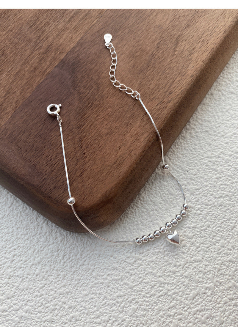 S925Sterling Silver Simple Bright Silver Round Bead Heart Bracelet for Women, Niche Design Sense Versatile Wristband, Elegant Jewelry