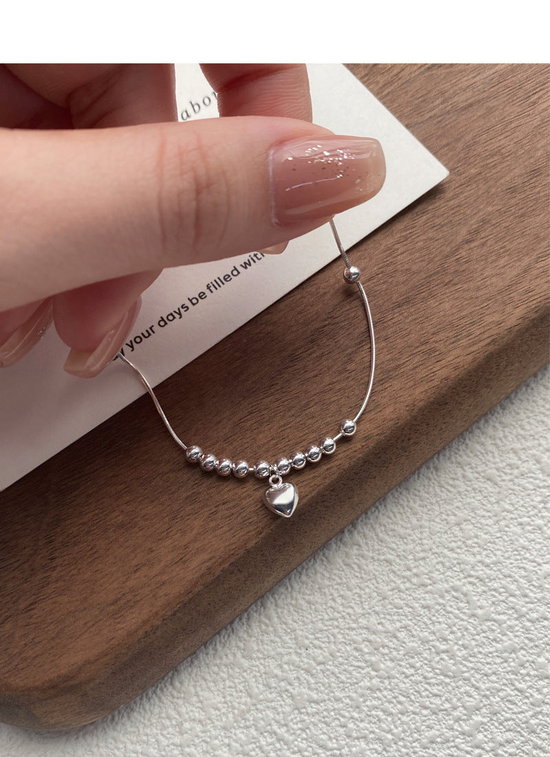 S925Sterling Silver Simple Bright Silver Round Bead Heart Bracelet for Women, Niche Design Sense Versatile Wristband, Elegant Jewelry