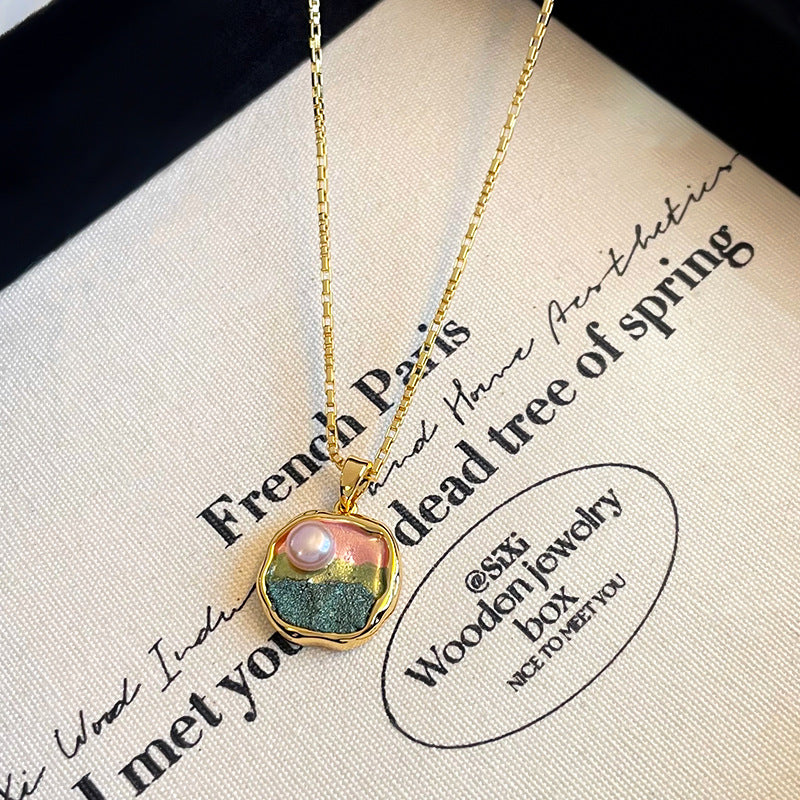 NALA Nala Vintage Oil Painting Necklace Freshwater Pearl Necklace Light Luxury High-Grade Long Necklace Non-Fading Women