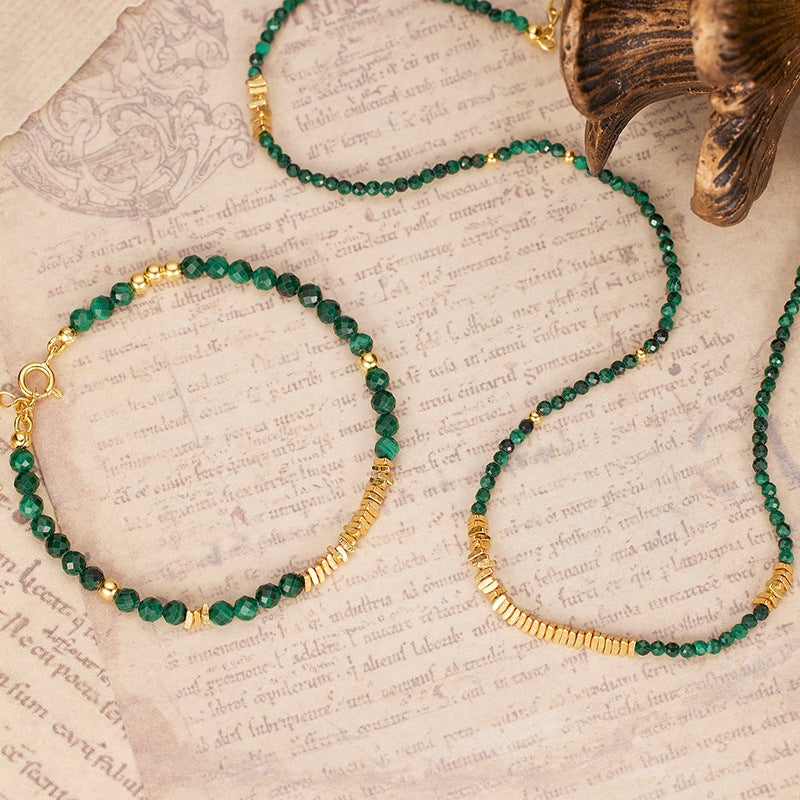 Natural Malachite S925Women's Sterling Silver Necklace French Retro Beaded with Clavicle Chain Accessories High Sense Necklace