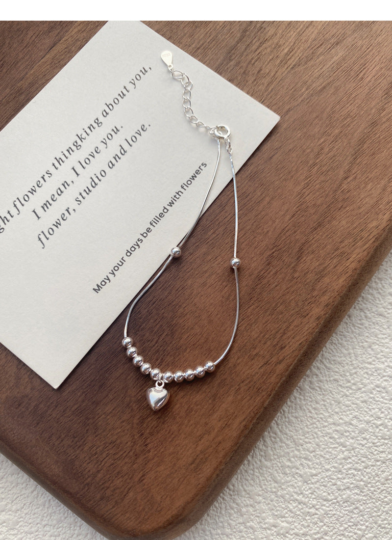S925Sterling Silver Simple Bright Silver Round Bead Heart Bracelet for Women, Niche Design Sense Versatile Wristband, Elegant Jewelry