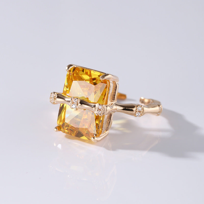 925Sterling Silver Square Citrine Bamboo Zircon Ring for Women Simple Fashion Personality Open Design Ring5905B