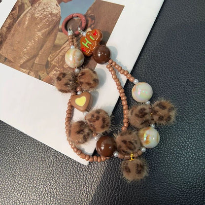 ins Lanyard Beaded Short Love Leopard Square Keychain Bag Chain Pendant Mobile Phone Universal Lanyard