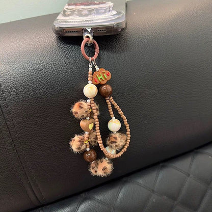 ins Lanyard Beaded Short Love Leopard Square Keychain Bag Chain Pendant Mobile Phone Universal Lanyard