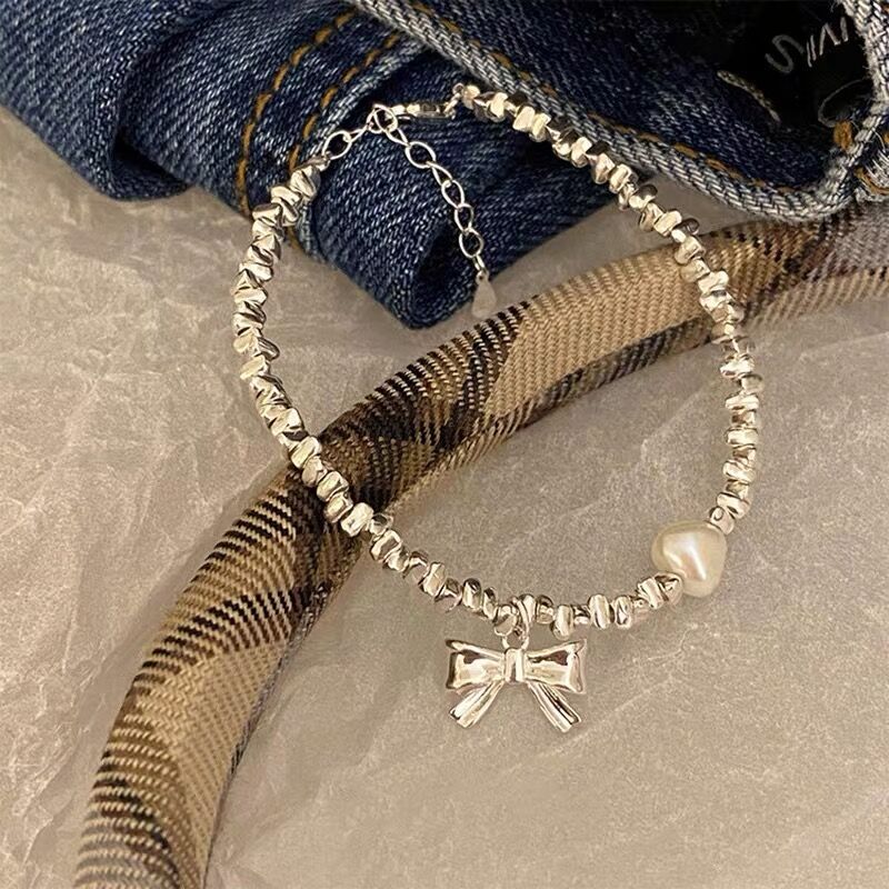 S925 Sterling Silver Light Luxury Girly Bowknot Crushed Silver Pearl Bracelet for Women Simple Elegant Bracelet