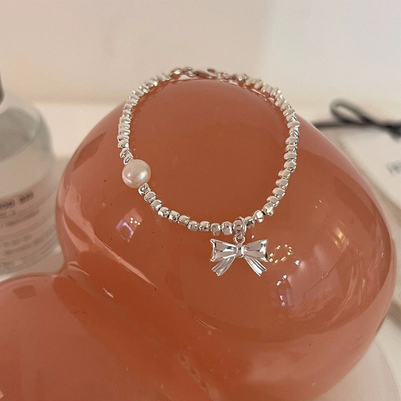 S925 Sterling Silver Light Luxury Girly Bowknot Crushed Silver Pearl Bracelet for Women Simple Elegant Bracelet