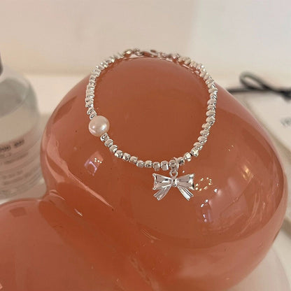S925 Sterling Silver Light Luxury Girly Bowknot Crushed Silver Pearl Bracelet for Women Simple Elegant Bracelet