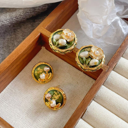 S925Silver Needle Oil Drop Freshwater Pearl Gold Foil Flower Stud Earrings Oil Painting Style Vintage High-end Earrings