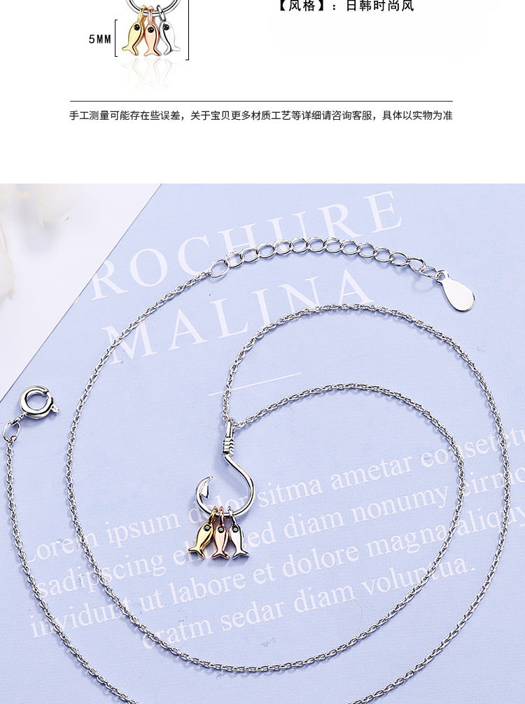 Creative Fish Hook Necklace Simple Fashion Rose Gold Three Small Fish Women's Short Niche Minimalist Clavicle Chain Necklace
