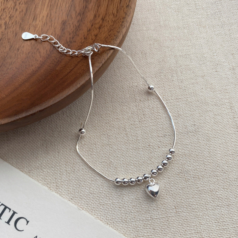 S925Sterling Silver Simple Bright Silver Round Bead Heart Bracelet for Women, Niche Design Sense Versatile Wristband, Elegant Jewelry