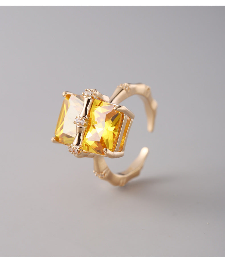 925Sterling Silver Square Citrine Bamboo Zircon Ring for Women Simple Fashion Personality Open Design Ring5905B