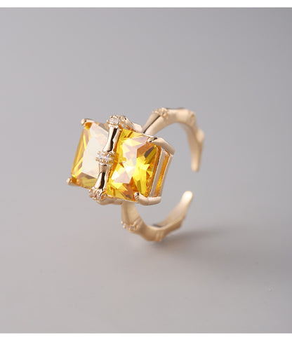 925Sterling Silver Square Citrine Bamboo Zircon Ring for Women Simple Fashion Personality Open Design Ring5905B