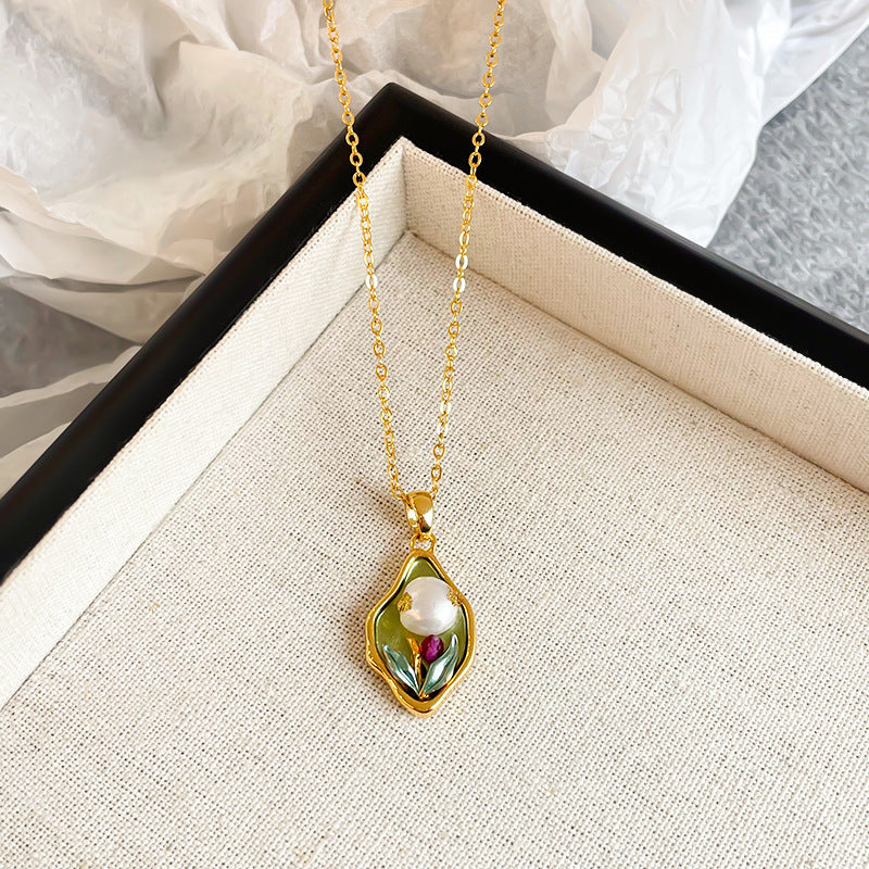 NALA Nala Vintage Oil Painting Necklace Freshwater Pearl Necklace Light Luxury High-Grade Long Necklace Non-Fading Women