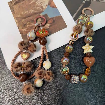 ins Lanyard Beaded Short Love Leopard Square Keychain Bag Chain Pendant Mobile Phone Universal Lanyard