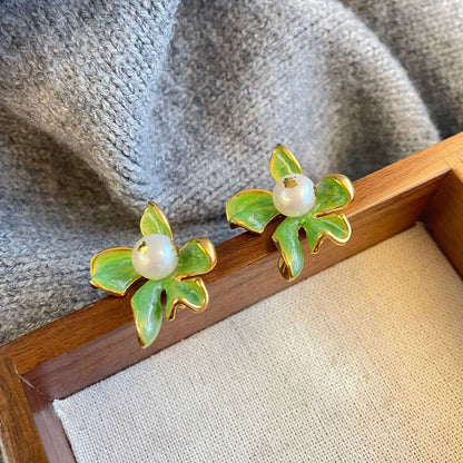 S925Silver Needle Oil Drop Freshwater Pearl Gold Foil Flower Stud Earrings Oil Painting Style Vintage High-end Earrings