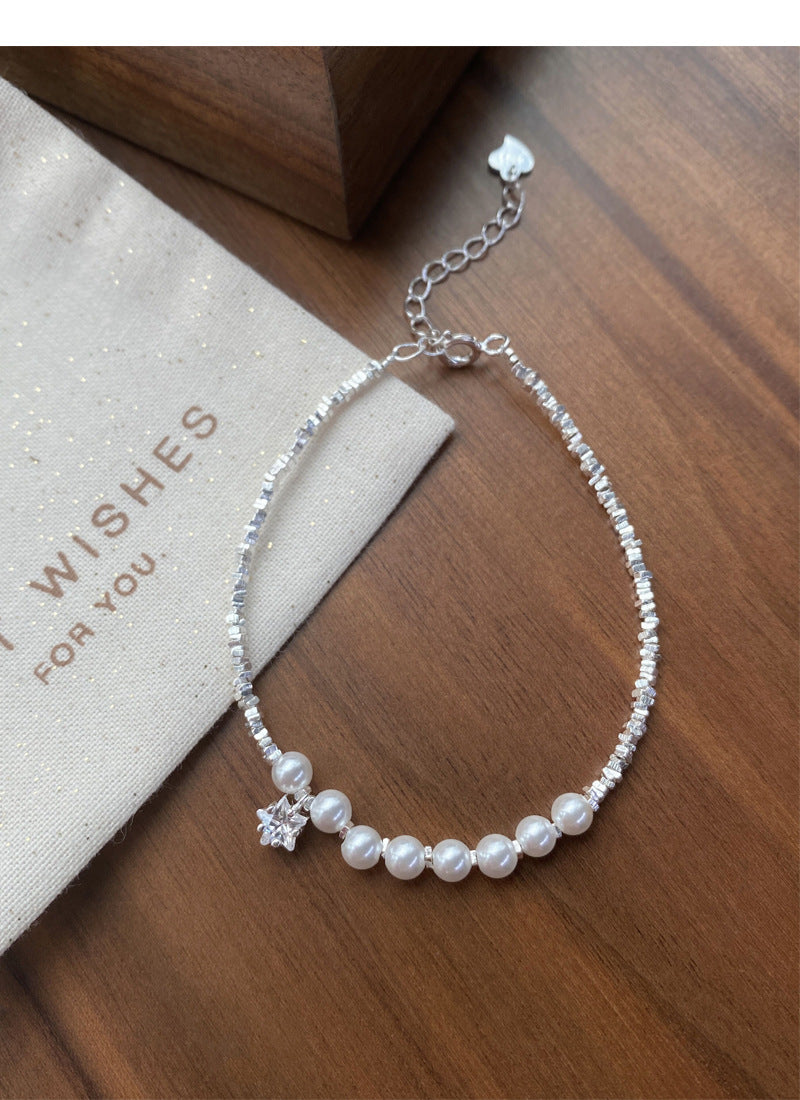 S925Sterling Silver Crushed Silver Pearl Bracelet Gentle Delicate Star Bracelet Light Luxury High-end Sense Bangle Versatile Hand Jewelry