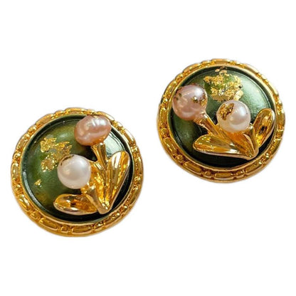 S925Silver Needle Oil Drop Freshwater Pearl Gold Foil Flower Stud Earrings Oil Painting Style Vintage High-end Earrings
