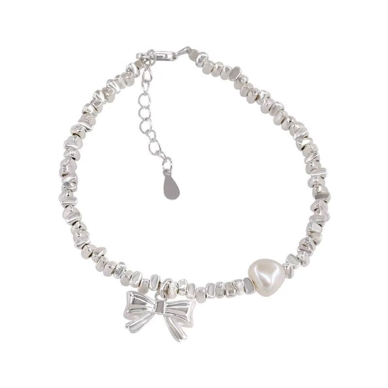 S925 Sterling Silver Light Luxury Girly Bowknot Crushed Silver Pearl Bracelet for Women Simple Elegant Bracelet