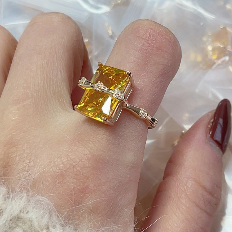 925Sterling Silver Square Citrine Bamboo Zircon Ring for Women Simple Fashion Personality Open Design Ring5905B