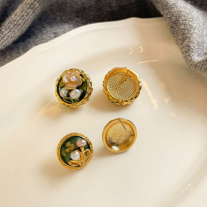 S925Silver Needle Oil Drop Freshwater Pearl Gold Foil Flower Stud Earrings Oil Painting Style Vintage High-end Earrings