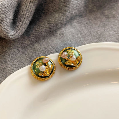 S925Silver Needle Oil Drop Freshwater Pearl Gold Foil Flower Stud Earrings Oil Painting Style Vintage High-end Earrings