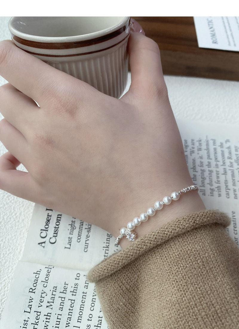S925Sterling Silver Crushed Silver Pearl Bracelet Gentle Delicate Star Bracelet Light Luxury High-end Sense Bangle Versatile Hand Jewelry