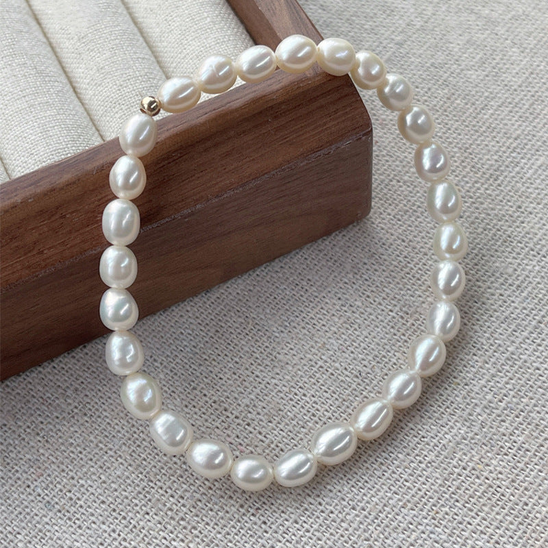S925 Silver Simple Freshwater Pearl Rice Bead Bracelet for Women French Style Elegant Light Luxury Elastic Cord Bracelet Niche Jewelry