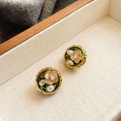 S925Silver Needle Oil Drop Freshwater Pearl Gold Foil Flower Stud Earrings Oil Painting Style Vintage High-end Earrings