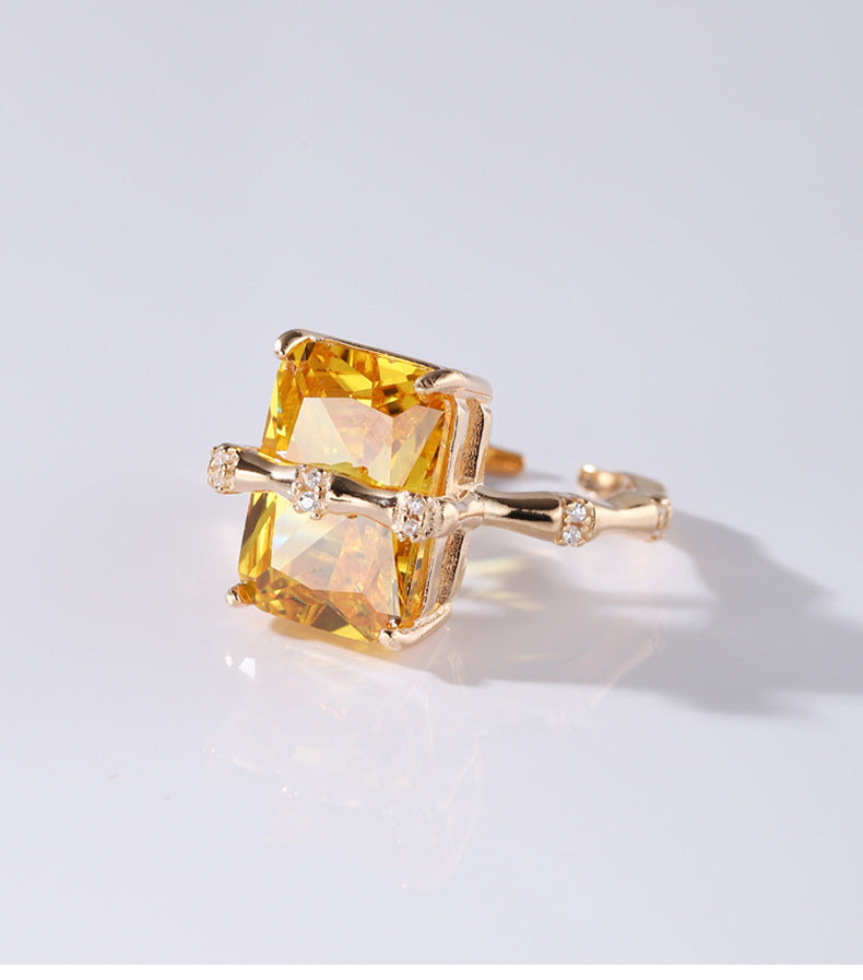 925Sterling Silver Square Citrine Bamboo Zircon Ring for Women Simple Fashion Personality Open Design Ring5905B