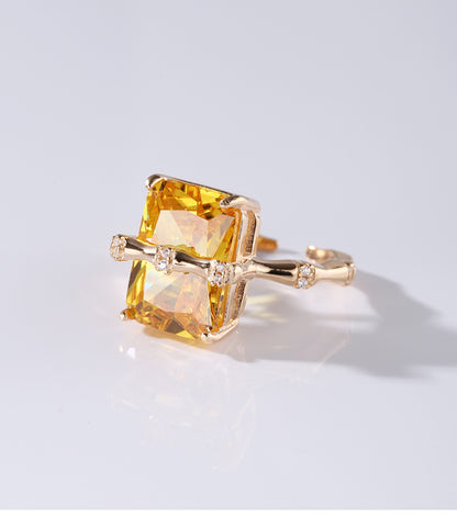 925Sterling Silver Square Citrine Bamboo Zircon Ring for Women Simple Fashion Personality Open Design Ring5905B