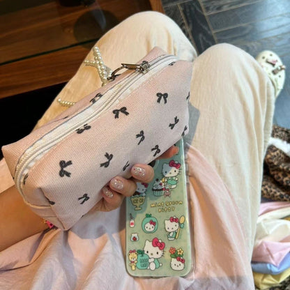 Bow pen bag small student stationery storage bag Girl heart simple large capacity makeup bag