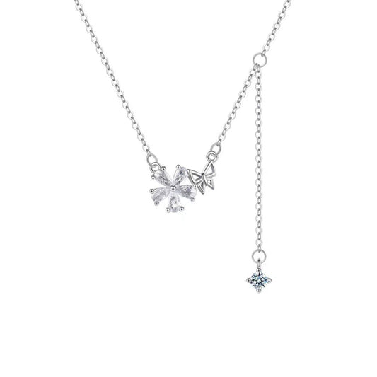 S999 sterling silver hollow butterfly and flower tassel necklace for women. It is an exquisite, versatile, light luxury necklace with cubic zirconia pendant and is suitable as a sterling silver collarbone chain