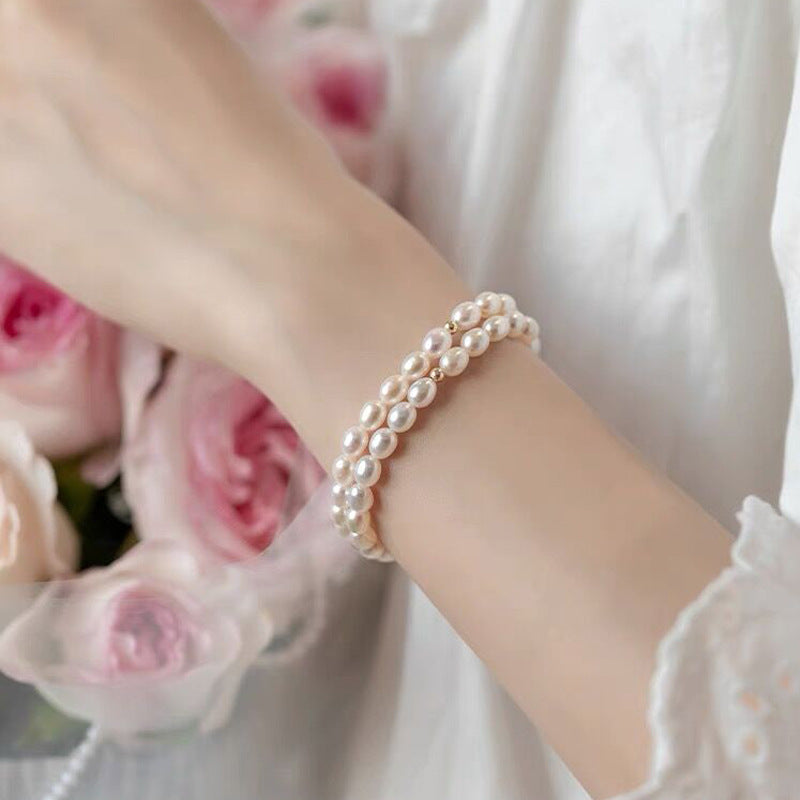 S925 Silver Simple Freshwater Pearl Rice Bead Bracelet for Women French Style Elegant Light Luxury Elastic Cord Bracelet Niche Jewelry