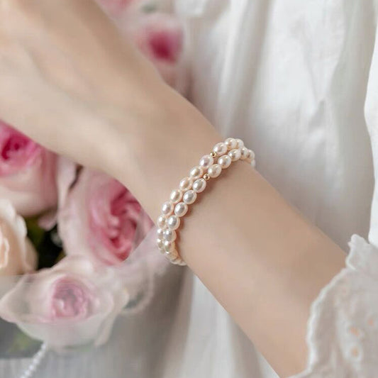 S925 Silver Simple Freshwater Pearl Rice Bead Bracelet for Women French Style Elegant Light Luxury Elastic Cord Bracelet Niche Jewelry
