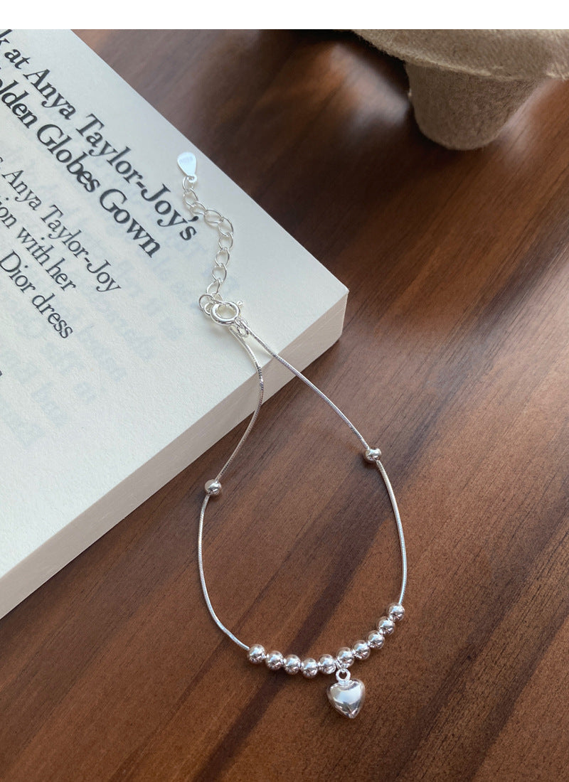 S925Sterling Silver Simple Bright Silver Round Bead Heart Bracelet for Women, Niche Design Sense Versatile Wristband, Elegant Jewelry