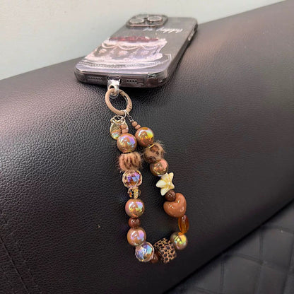 ins Lanyard Beaded Short Love Leopard Square Keychain Bag Chain Pendant Mobile Phone Universal Lanyard