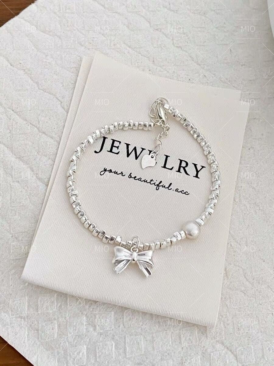 S925 Sterling Silver Light Luxury Girly Bowknot Crushed Silver Pearl Bracelet for Women Simple Elegant Bracelet