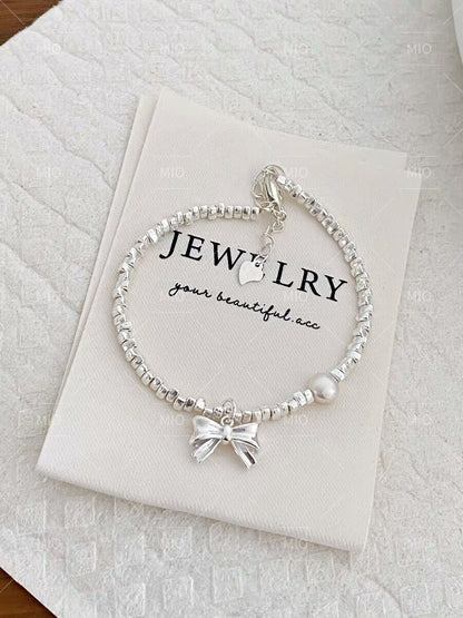 S925 Sterling Silver Light Luxury Girly Bowknot Crushed Silver Pearl Bracelet for Women Simple Elegant Bracelet