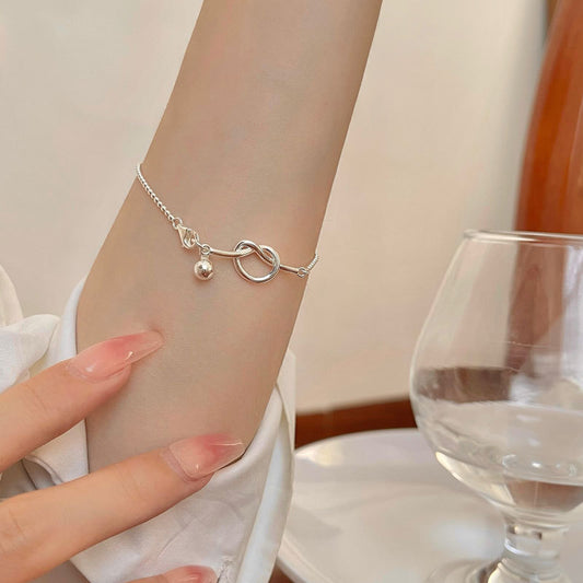 S925Sterling Silver Round Bead Chain Knotted Bracelet for Women, Elegant Minimalist Style, Unique Design, Simple and Luxurious Wristband