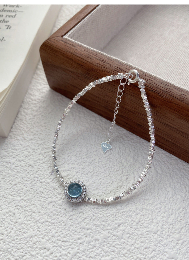 S925Sterling Silver Natural Aquamarine Crushed Silver Bracelet Elegant Exquisite Bracelet for Women Niche Light Luxury Wristband Jewelry