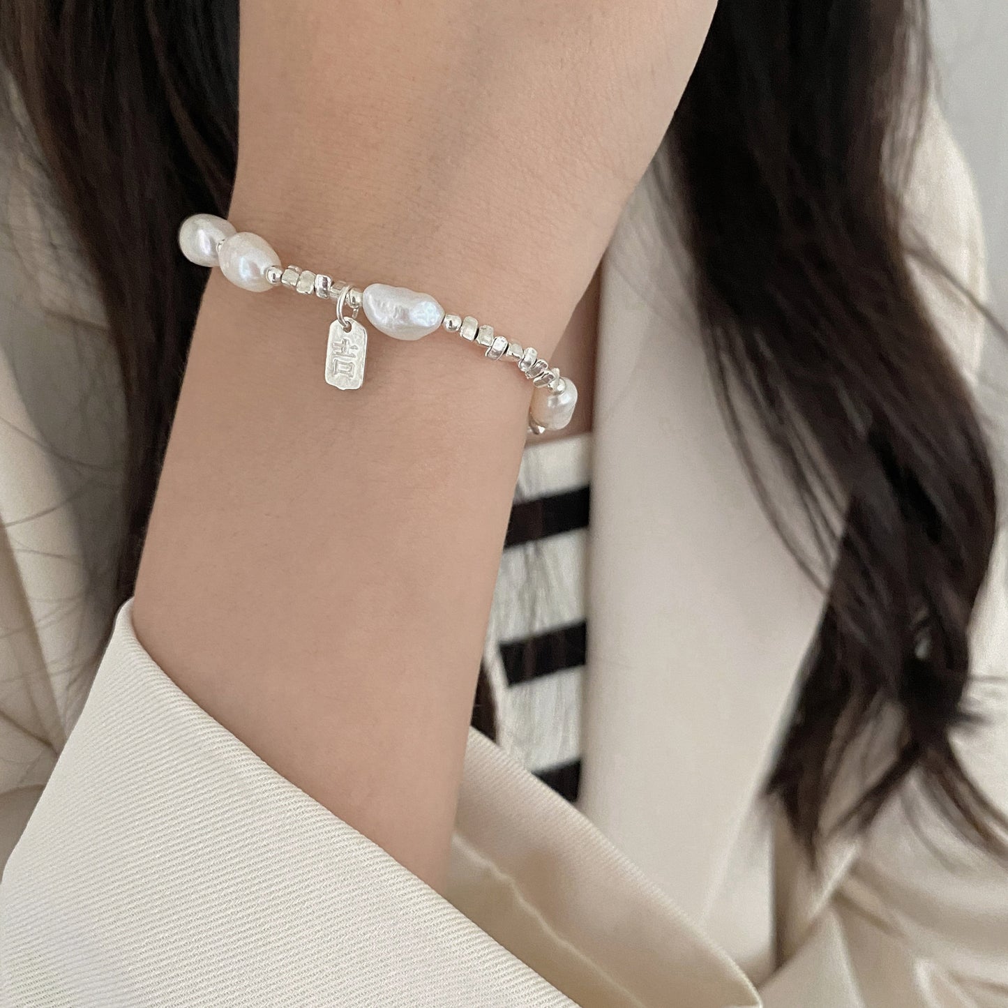 S925Sterling Silver Freshwater Pearl Silver Fragment Bracelet for Women, Niche Design, Elegant Silver Fragment Bracelet, Light Luxury Jewelry