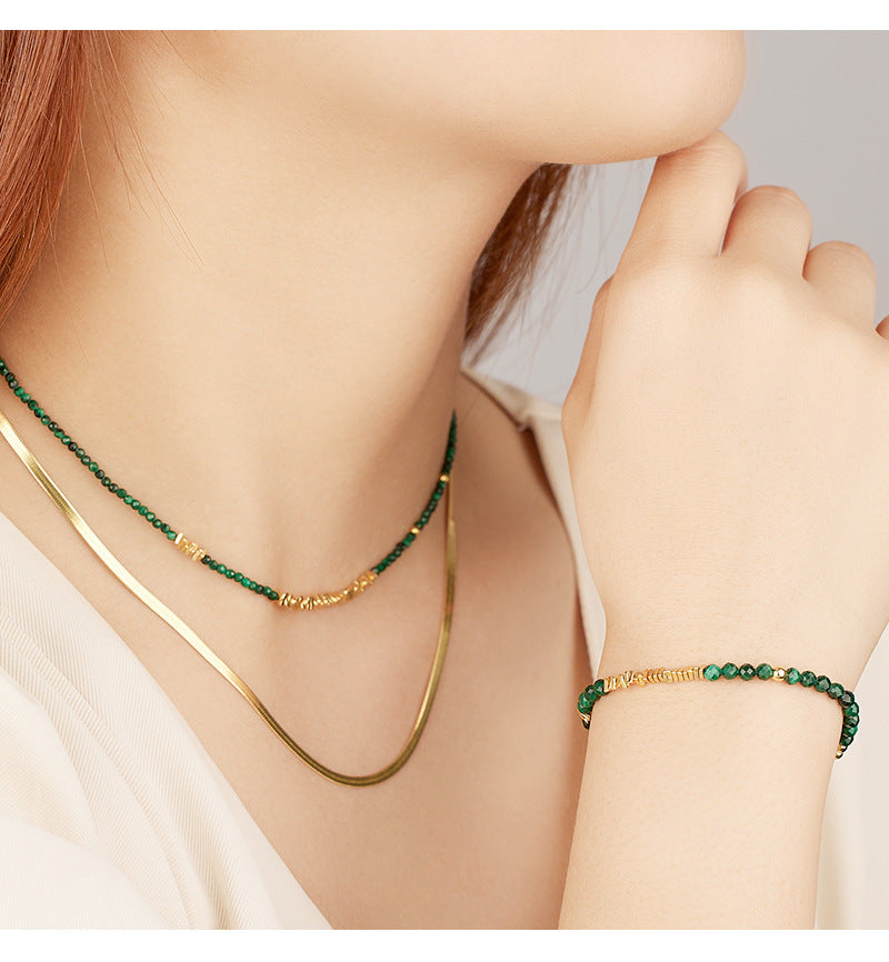 Natural Malachite S925Women's Sterling Silver Necklace French Retro Beaded with Clavicle Chain Accessories High Sense Necklace