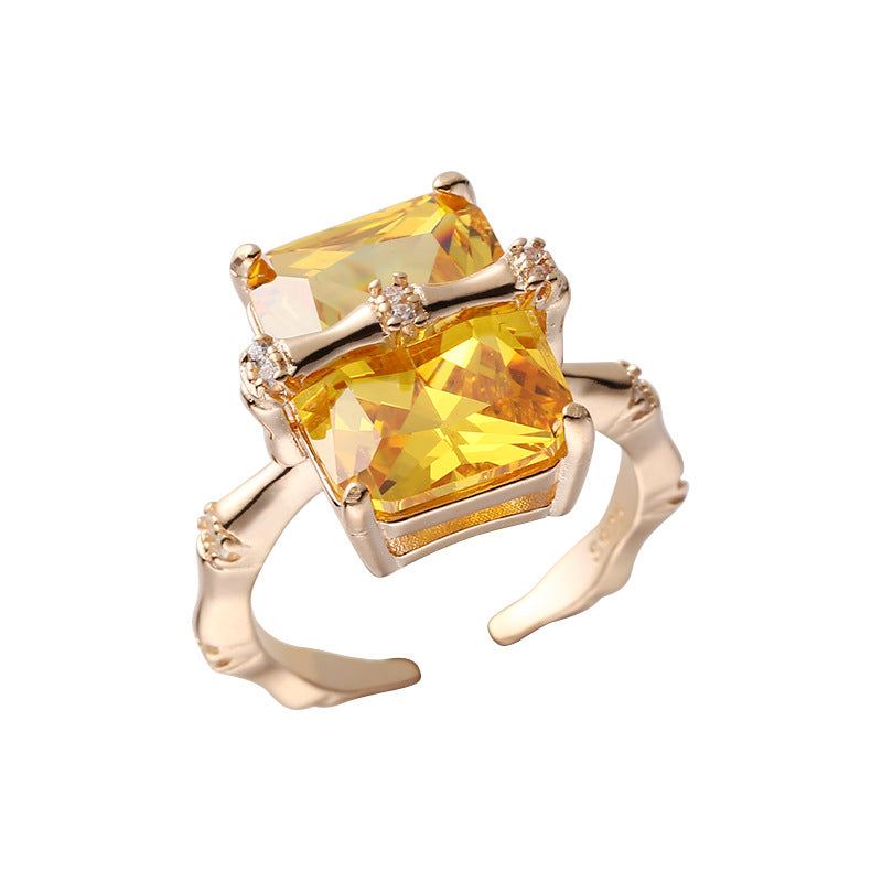 925Sterling Silver Square Citrine Bamboo Zircon Ring for Women Simple Fashion Personality Open Design Ring5905B