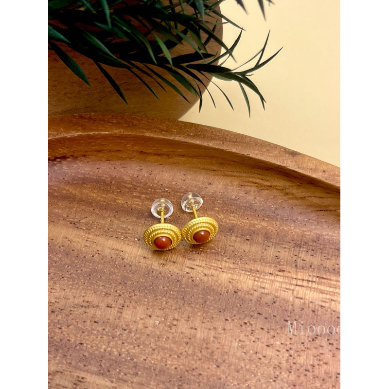 S925 Sterling Silver Natural Red Agate Pearl Threaded Round Earrings for Women New Chinese Style Retro Cheongsam Hanfu Jewelry for Women
